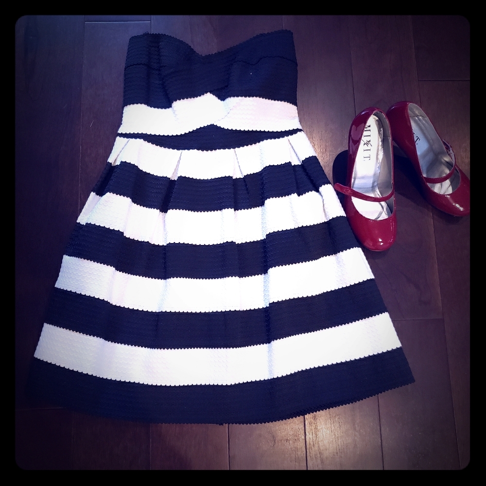 Strapless Black and White Striped Cocktail Dress